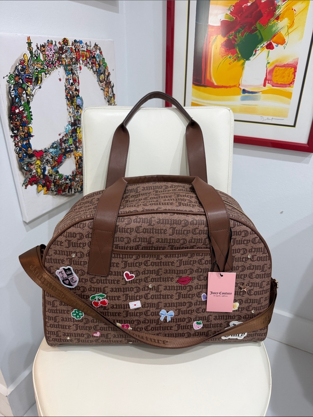 Juicy Couture Brown Logo Travel Duffel with Embroidered Patch Accents